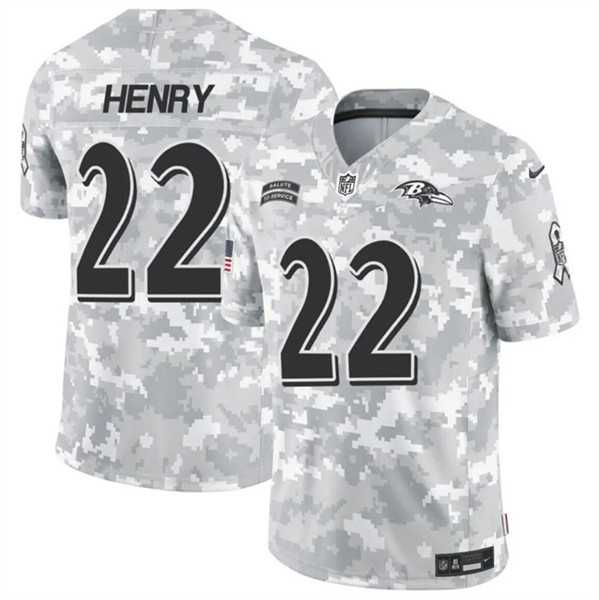 Mens Baltimore Ravens #22 Derrick Henry 2024 F.U.S.E. Arctic Camo Salute to Service Limited Stitched Jersey Dzhi